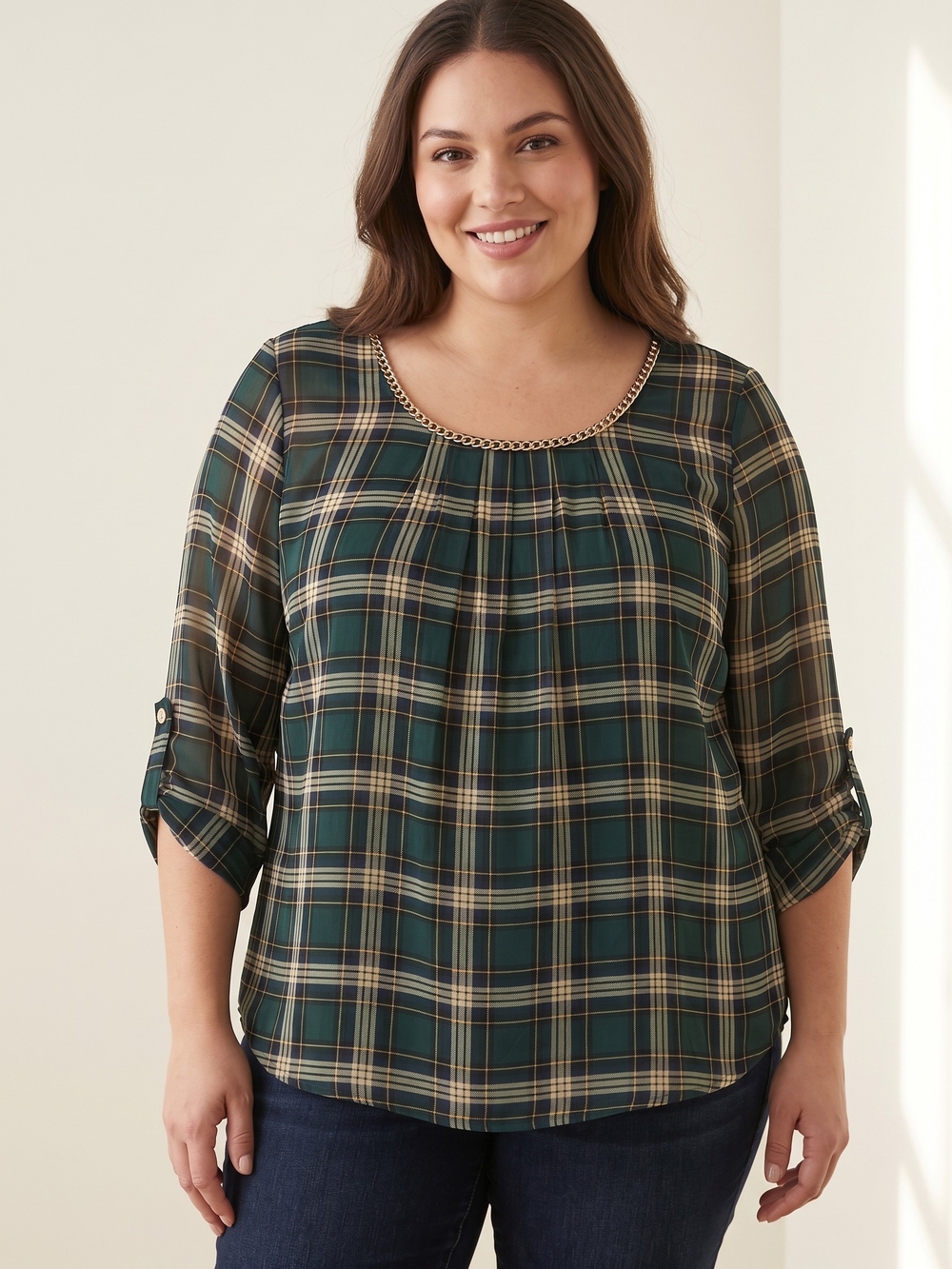 Plus-Size Green Plaid Scoop-Neck Blouse with Gold Chain Trim